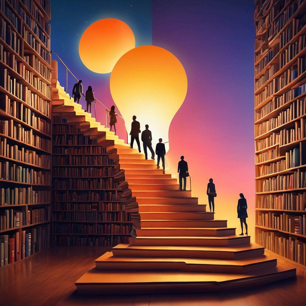 A dynamic illustration of a diverse group of entrepreneurs standing on a metaphorical key, symbolizing the unlocking of potential. They are depicted as ascending a staircase made of books, which represent knowledge and growth. In the background, a glowing light bulb signifies innovative ideas and thought leadership. The scene is vibrant and motivational, showcasing a bright sunrise and an inspiring skyline. super-realistic. vibrant colors.