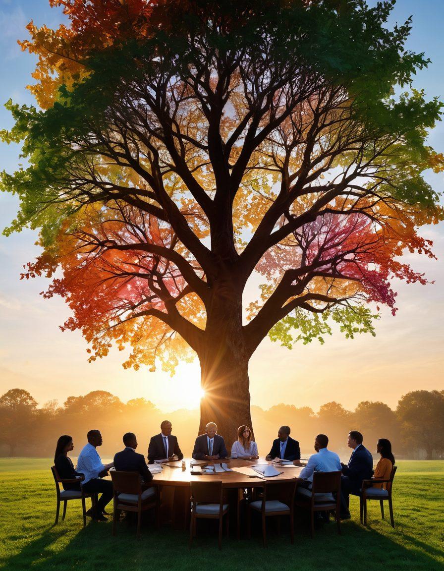 A serene landscape depicting a diverse group of leaders engaged in a vibrant discussion beneath a sprawling tree symbolizing growth, with elements of light shining through the leaves, representing knowledge and wisdom. The scene is filled with dynamic charts and gears around them, showcasing strategic planning. The background features a sunrise, indicating new beginnings and lasting impact. super-realistic. vibrant colors. natural setting.