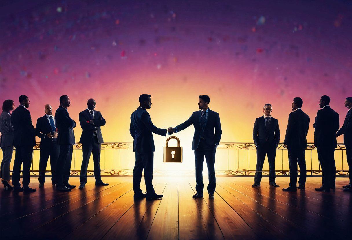 An inspiring scene of a confident professional standing at the forefront, unlocking a large golden padlock, symbolizing success. Behind them, a glowing path leads to a diverse group of people engaged in conversation and collaboration, representing leadership development. Elements of personal branding, like logos and social media icons, subtly integrated into the background. Bright, uplifting colors to evoke motivation and empowerment. super-realistic. vibrant colors.